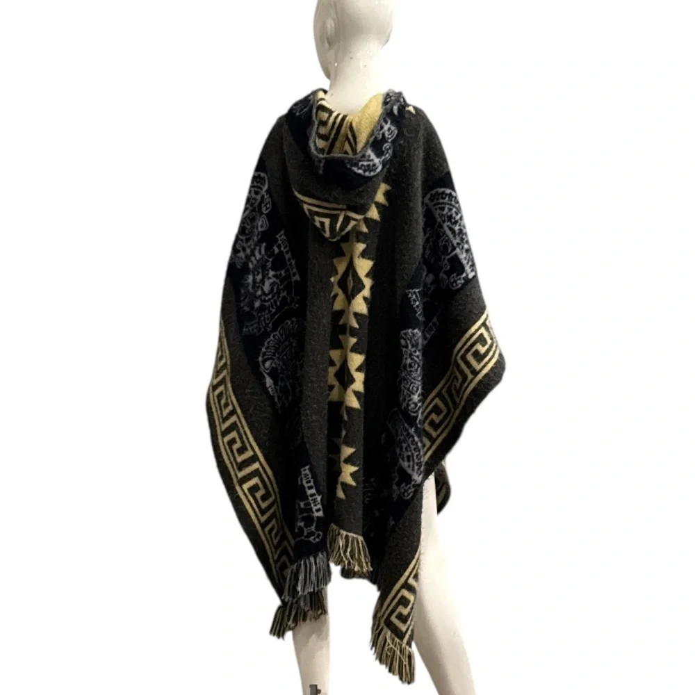 Unisex Andean Aztec Alpaca Blend Hooded Charcoal Multi Fringed Poncho Size OS